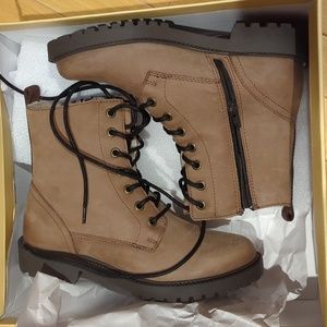 Oker Leather Combat Boots Zip Up Fleece Faux Fur Sherpa Lining